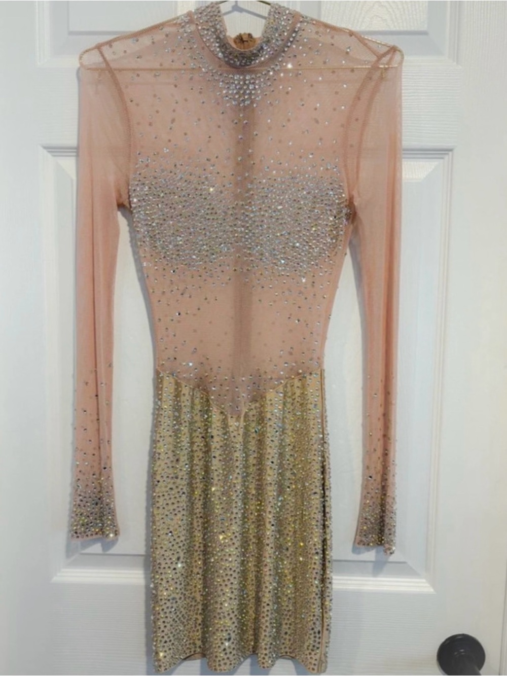 Nude color Embellished Mini Dress in Silver & Gold